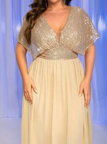 SHEIN Belle Vestido de cóctel de manga de murciélago con contraste brillante para mujeres de talla grande - Champán - Ver 3