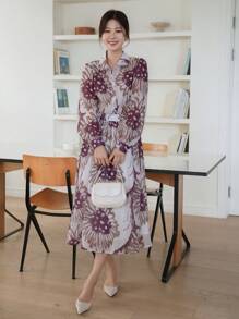 DAZY 女士全印花泡泡袖衬衫半裙套装（2件套），秋季女装度假装 - 棕色 - 查看 6