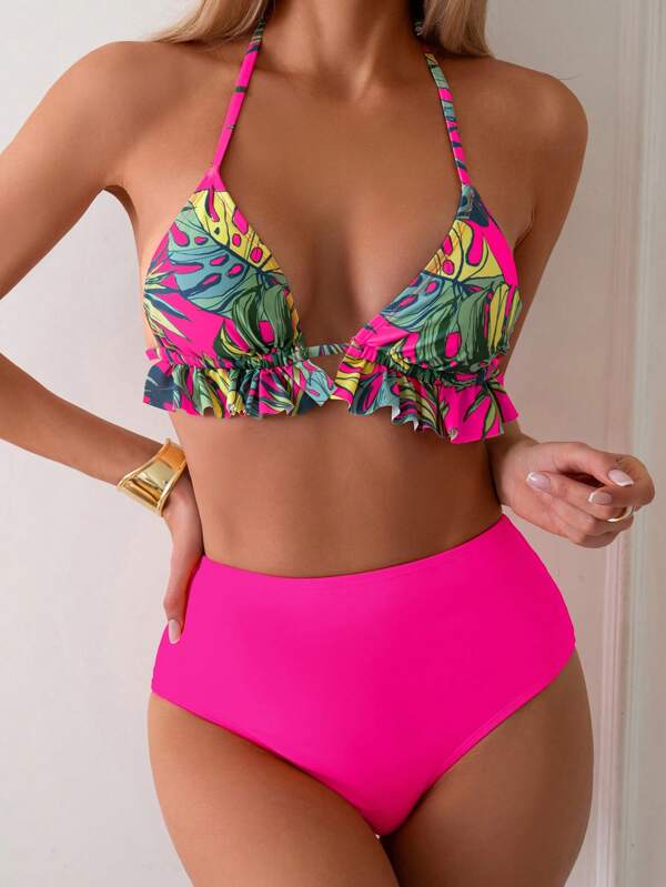 Swim Lushoire Women's Printed Triangle Top Bikini Set With High Waist Solid Color Bottoms