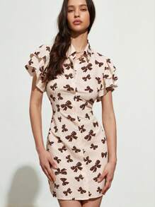 SHEIN Unity Gaun Mini Pas Badan Lengan Pendek Dua Lapis Elegan dengan Motif Pita Kontras Warna untuk Wanita, Model Baru, Manis, Sederhana, Elegan, Cocok untuk Komuter. - MultiWarna - View 2
