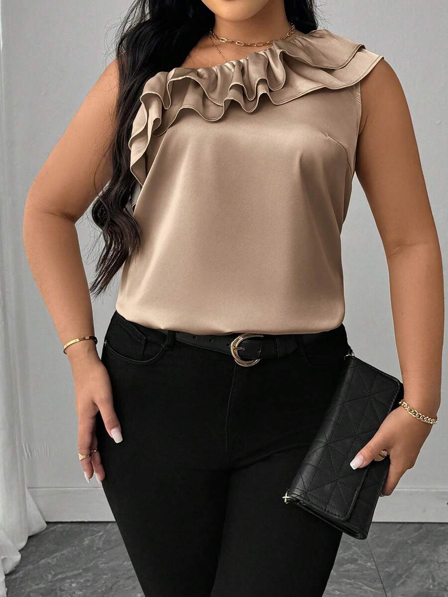 SHEIN Unity Plus Size Women's Elegant Vacation Style One-Shoulder Double Ruffle Trim Blouse, Spring/Summer - Apricot - View 1