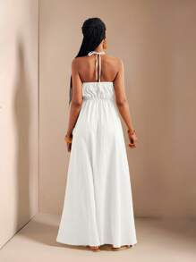 Zivah 新款春夏休闲假日露背露肩胸围、腰围和后背摆裙，前开叉至大腿，黄色海条纹女式超长连衣裙-B - 白色 - 查看 2