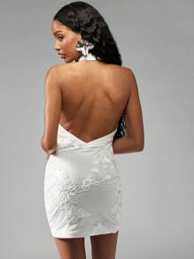 MISSGUIDED Elegant 3D Floral Embroidered Halter Mini Dress Ruched Bodycon Party Wedding Guest Summer Spring Evening Special Occasion - White - View 2