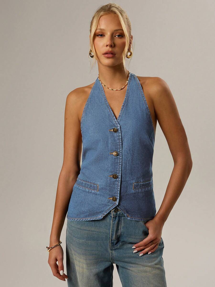 SHEIN Forever 21 春季新款女款掛脖無袖露背水洗牛仔綁繩短版上衣 - 淺藍色 - 查看 1