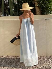 DAZY 女士全印花宽松度假吊带露背褶皱连衣裙，夏季邮轮女装连衣裙，休闲波西米亚风女装 - 藍色 - 查看 6