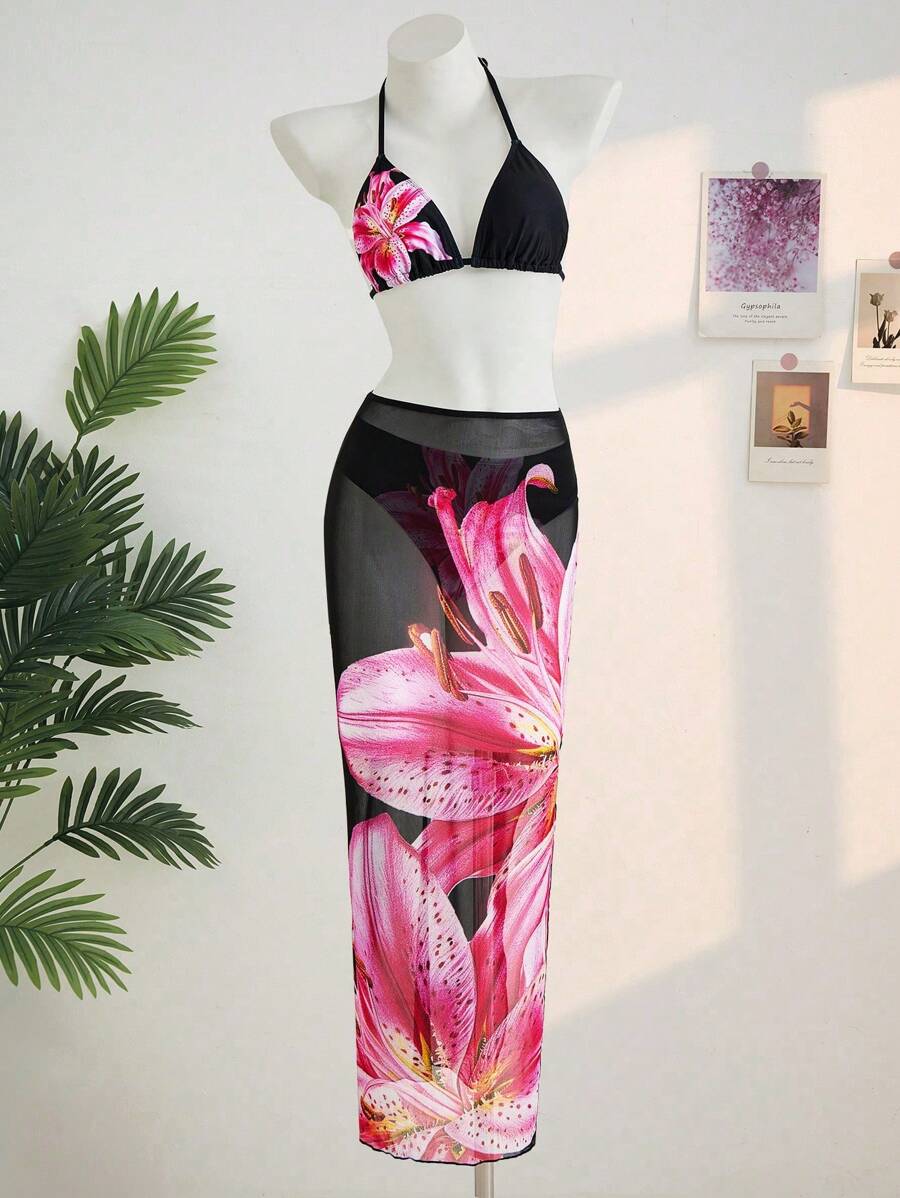 SHEIN 3pcs/Set TEENGIRL Black Floral Print Bikini Swimsuit Set, Vacation Island Holiday Beach Wear