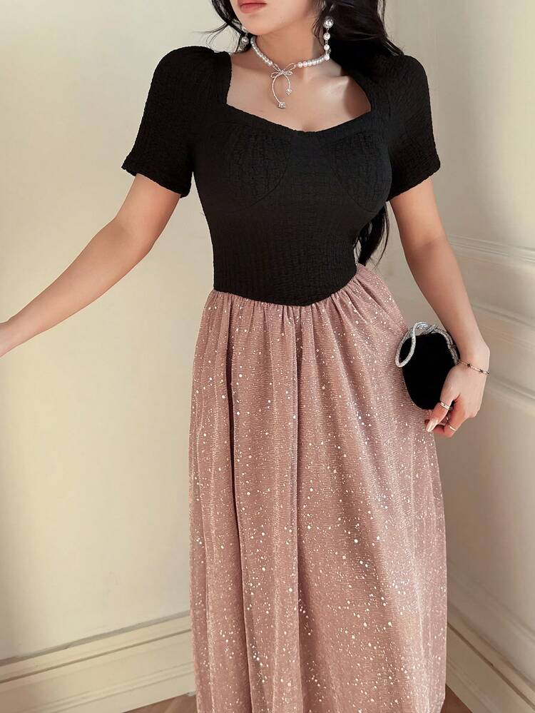 Summer New Arrival Mesh Patchwork Elegant Mid-Length Dress For Women Maxi Dress