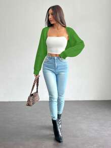 SHEIN PETITE Balletcore Ribbed Knit Raglan Sleeve Shrug Crop Cardigan Without Cami Top