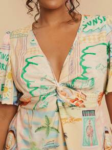 Travachic Plus Size Women's V-Neck Front Twist Knot Tropical Print Short Sleeve Dress, Vacation Casual,Beach Dress Sundress,Holiday Outfits Boho - Multicolor - View 1