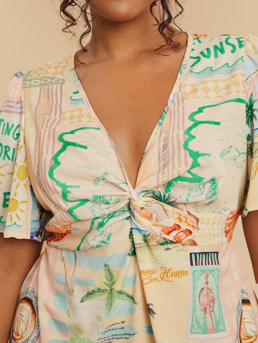 Travachic Plus Size Women's V-Neck Front Twist Knot Tropical Print Short Sleeve Dress, Vacation Casual,Beach Dress Sundress,Holiday Outfits Boho - Multicolor - View 1