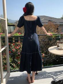 DAZY Natural Color Denim Puff Sleeve Decorative Stitching Denim Dress For Women - Dark Wash - View 2