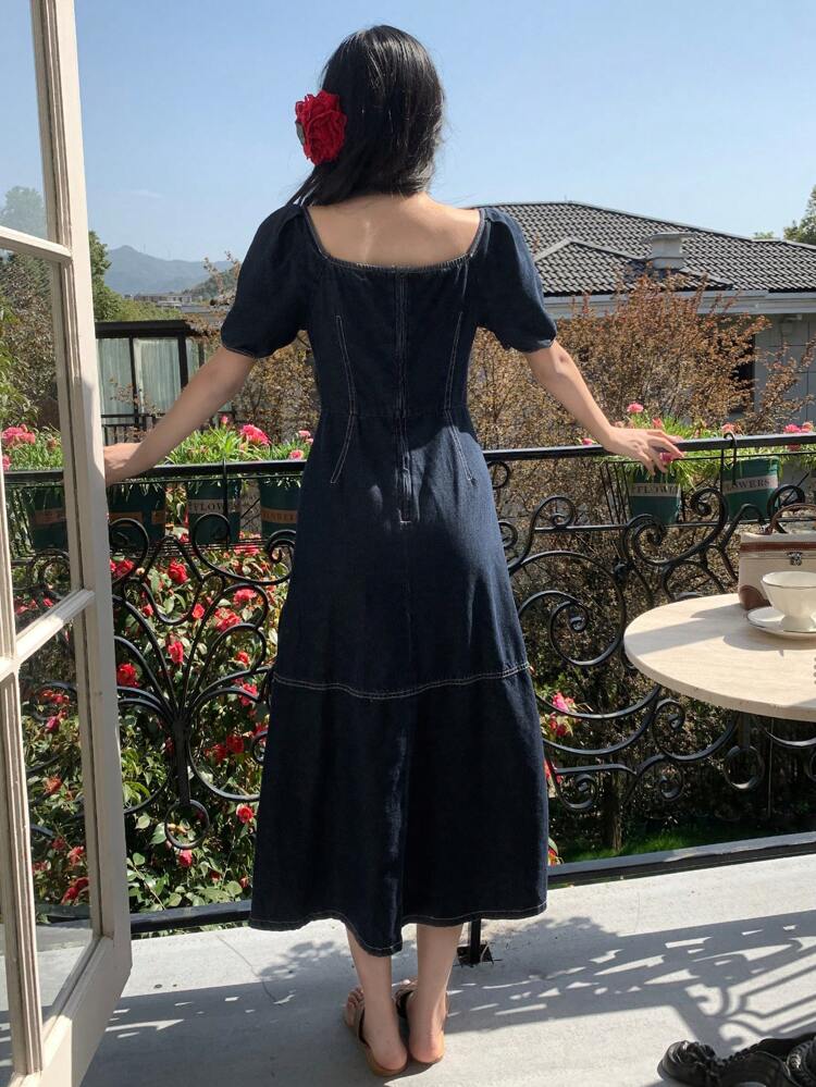 Natural Color Denim Flare Sleeve Decorative Stitching Denim Dress For Women