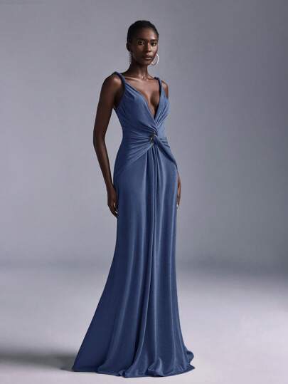 Elitara Vestido elegante y romántico de punto con escote en V sin mangas, con decoración de hebilla metálica, cintura ceñida y dobladillo de cola de pez, para damas de honor