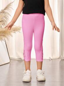 SHEIN Leap Crew Kleine Mädchen Lässig Mutter-Tochter Passende Lässig Spitzenleggings mit Guipure-Spitzeneinsatz, geeignet für Alltag Outfit und Reise- und Urlaubsoutfits - Pink - Übersicht 5