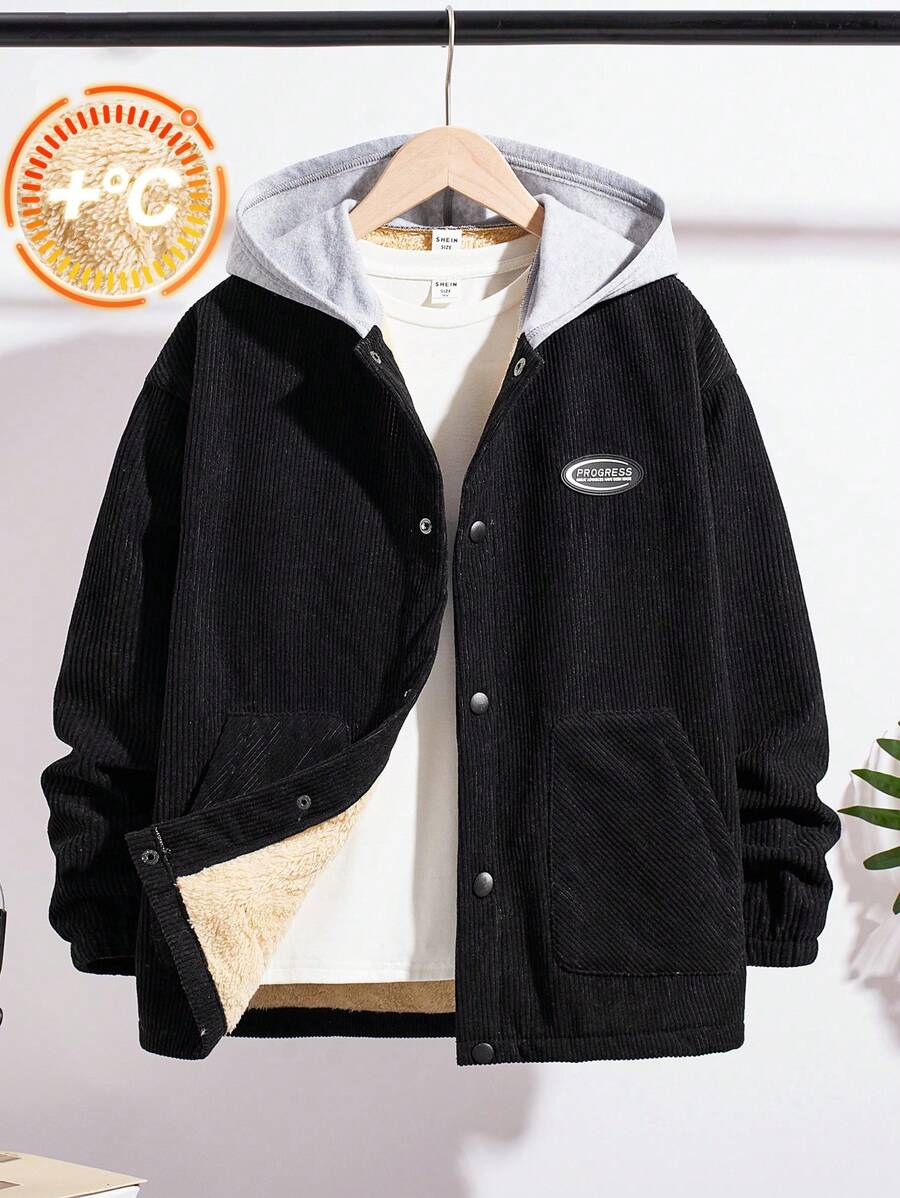 1pc Tween Boy Hooded Thermal Lined Jacket, Suitable For Autumn Winter Schoolwear, Outdoor Sports, Casual Occasions