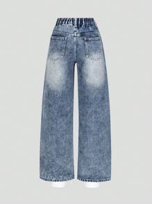 Tween Girls' Vintage Casual Loose Fit Distressed Denim Wide Leg Jeans, Comfortable Versatile College Style - Medium Wash - View 2