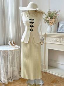 SHEIN Unity Plus Size Summer Elegant Button Decor Camisole & Pleated Skirt 2Pcs Set - Apricot - View 1