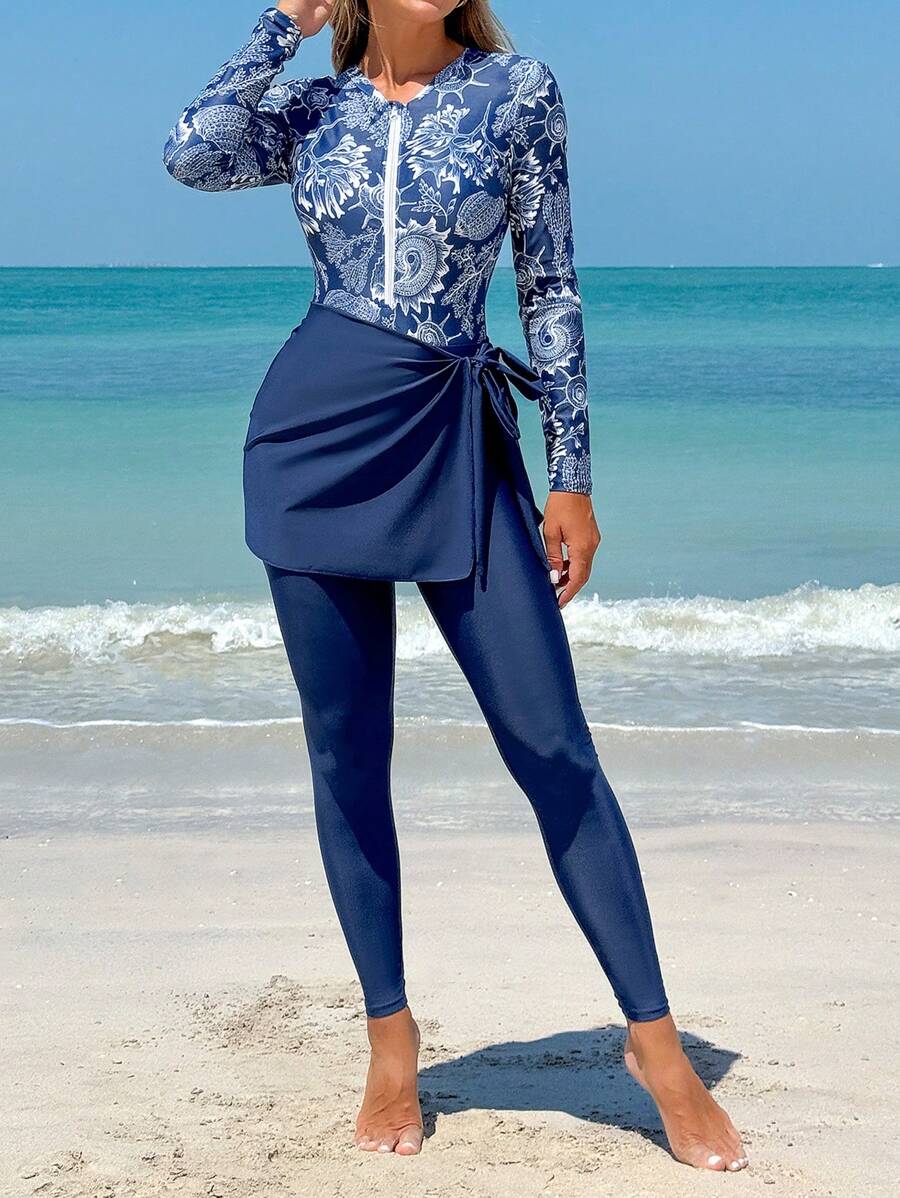 Swim Mulvari 3 件套女士夏季随机印花圆领长袖前拉链连体泳衣，含裤子和裙子，保守全覆盖泳装 - 彩色 - 查看 1