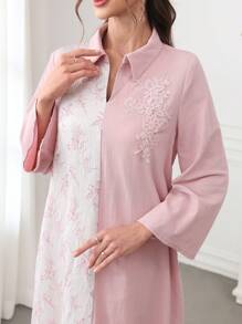 SHEIN Najma Collar Embroidery Applique Contrast Color Floral Patchwork Dress, Modest