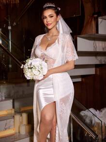 SilkySpell Women Sexy Lace Camisole Nightgown & Short Sleeve Robe 2 Pieces Set - White - View 1