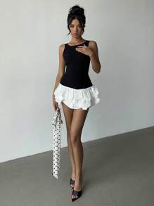 Aloruh Women's Contrast Color Ruffle Hem Mini Dress, Suitable For Party, Date, Daily Wear - Black and White - View 1