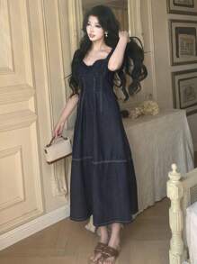 DAZY Natural Color Denim Puff Sleeve Decorative Stitching Denim Dress For Women - Dark Wash - View 5