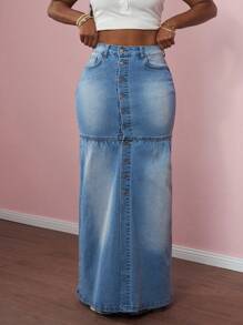 Slaydiva 2025 年夏季新款音乐节、生日派对、毕业典礼、学生日常穿着、休闲装、度假装、邮轮旅行、海滩装、日光浴装、时尚装、街头风格、朋克装、牛仔装、牛仔女孩装、做旧装、荷叶边装、高开衩装、金属纽扣装、前开襟装、修身美人鱼下摆装、牛仔蓝女式牛仔迷你裙 - 藍色 - 查看 7