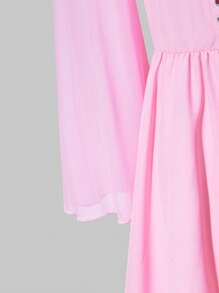 SHEIN Explorewe Tween Girl 褶饰高低优雅长袖连衣裙 - 粉色 - 查看 4