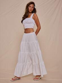 MUSERA Low Rise Drawstring Waist Floaty Tiered Maxi Skirt Summer Vacation Cute Elegant Ibiza Boho - White - View 2