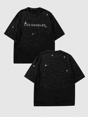 ROMWE Avant Men's Casual Letter Rhinestone Decor Short Sleeve T-Shirt, Spring/Summer