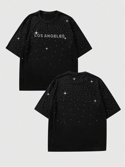 ROMWE Avant Camiseta de manga corta casual de hombre con decoración de strass con letra, para primavera/verano