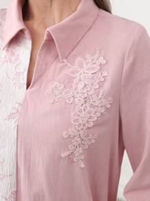 SHEIN Najma Collar Embroidery Applique Contrast Color Floral Patchwork Dress, Modest