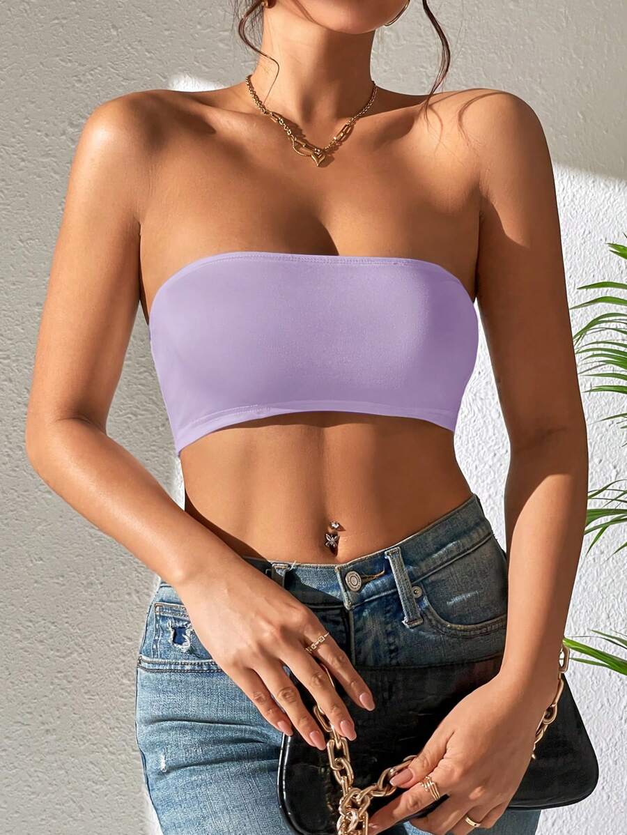 SHEIN PETITE Top corto tubo liso para mujer, camisa sin mangas sexy para el verano - Morado Violeta - Ver 1