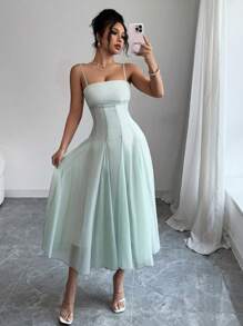 Firerie Vestido midi con volantes, cuello cuadrado y tirantes con drapeado, en color verde claro. Elegante para el Día de San Valentín, boda, cita, vacaciones