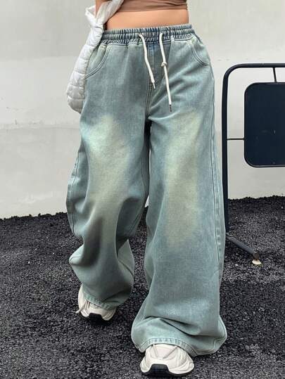 Dazy Plus Plus Size Elastic Waist Drawstring Tie Loose Wide Leg Vintage Washed Faded Long Denim Jeans, All Season,Baggy Jeans