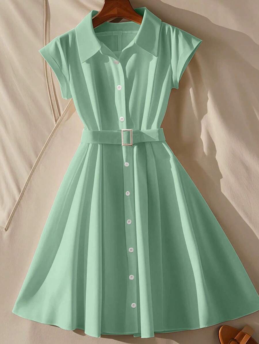 Franclia Women's Lapel Short Sleeve Casual Cinched Waist Waist Midi Dress, White, Commute Suitable Summer