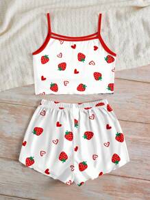 SHEIN Tween Girls' Casual Vibey Strawberry & Heart Print Fitted Cami Top And Shorts Loungewear Set, Summer - Multicolor - View 2