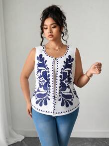 Elenzga Plus Size Women's Blue & White Pattern Fitted Vest Jacket, Casual And Versatile For Commuting And Daily Wear, Comfortable And Fashionable, Suitable For Various Occasions Like Commuting, Shopping, Entertainment, Great For Photo Shoots - Blue and White - View 3