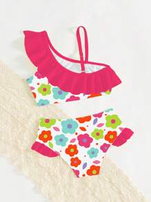 SHEIN 女童花卉印花单肩荷叶边比基尼套装，家庭装妈妈和我（4 件单独出售） - 彩色 - 查看 2