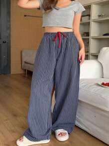 Dazy Plus Plus Size Loose Elastic Waist Striped Drawstring Pajama Cozy Pants, All Season, Fall & Winter - Navy Blue - View 4