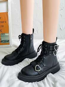 ROMWE Kawaii Botas con hebilla con decoración de corazón, para el Día de Acción de Gracias, Navidad, Año Nuevo y San Valentín - Negro - Ver 8