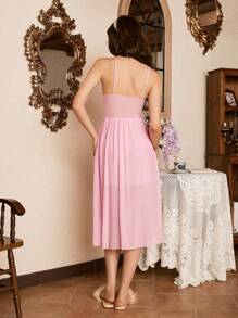 Romantic Lace Contrast Mesh Robe And Camisole Nightgown Sleepwear Set For Women - Pink - View 2