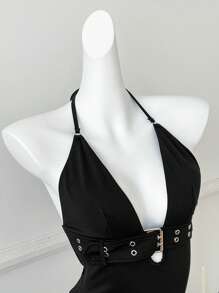 Comfortcana Top canotta donna con scollo alla halter, design con passante, a tinta unita, sexy