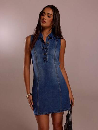 SHEIN Forever 21 Summer New Sleeveless A-Line Denim Mini Dress For Women