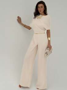 Aloruh New Simple Solid Apricot Color Pleated Decor Asymmetrical Shoulder Jumpsuit, Sexy High Waist Wide Leg Pants