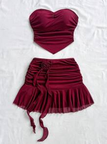 Soleia 2 Pieces Set: Solid Color 3D Floral Tube Top & Mini Skirt,Summer Sets - Burgundy - View 7