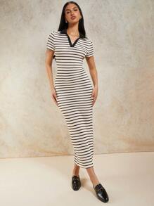 COSMINA Vestido largo de manga corta con cuello de solapa a rayas para mujer, de verano - Multicolor - Ver 5