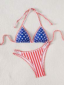 SHEIN Swim Women Star & Stripe USA Flag Print Beach Vacation Halter Bikini Set, 4th Of July For Summer - Multicolor - View 4