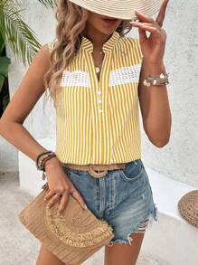 Breezaya 度假休闲条纹拼接蕾丝无袖衬衫 - 黃色 - 查看 3