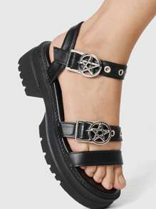 ROMWE Women's Summer Open Toe Dark Rock Punk Goth Roman Beach Sandals, Star Strap Platform Wedge Sandals Spring Shoes Spring Break Easter, Halloween For Christmas - Black - View 7